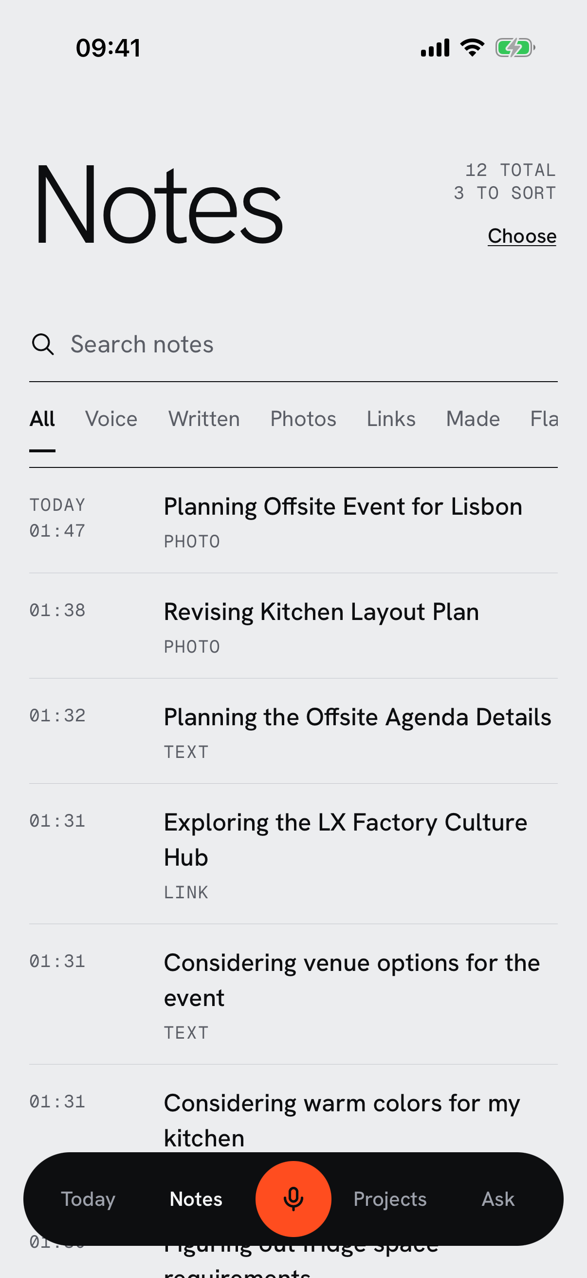Notes screen with search and filters for voice, written, photos, links and made items