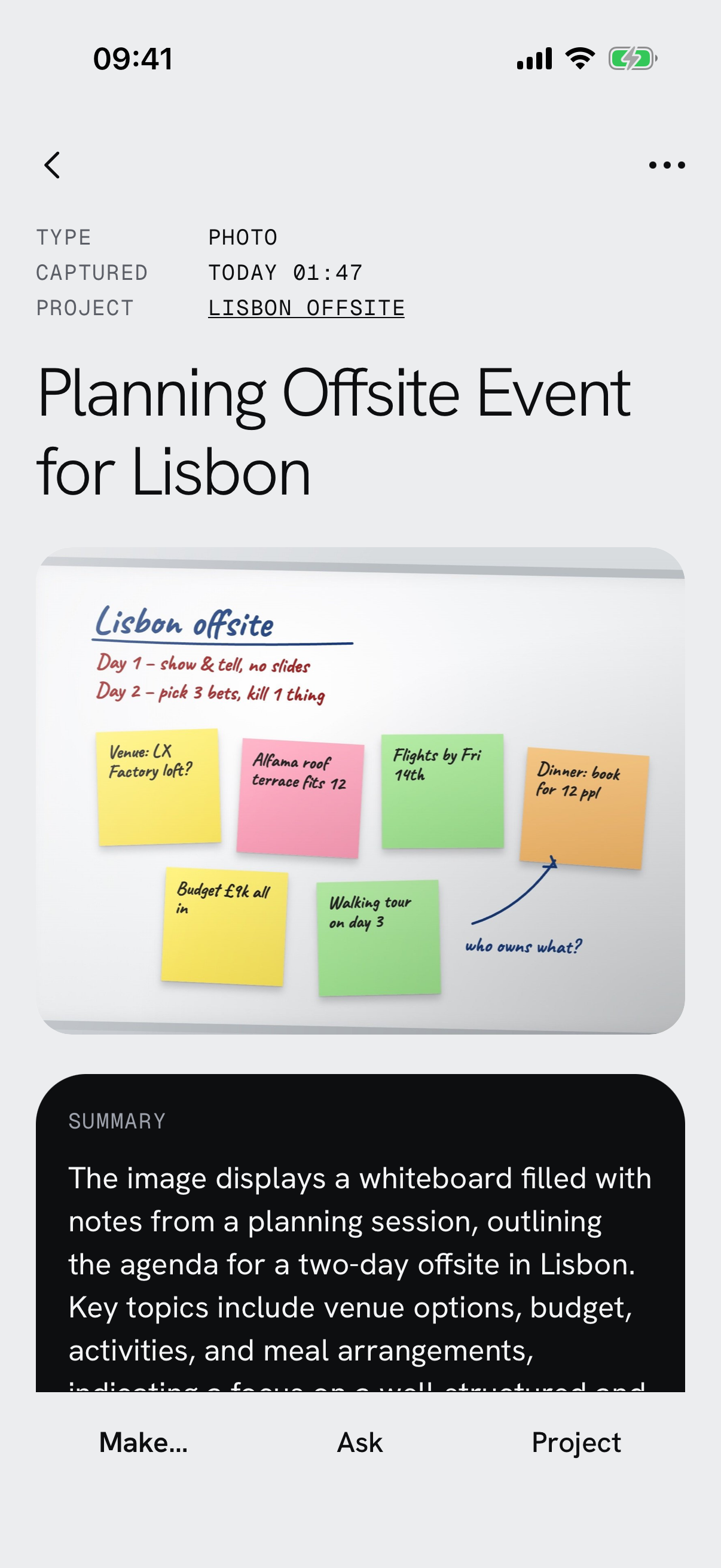 A photo note in InsightApp with an AI-written summary