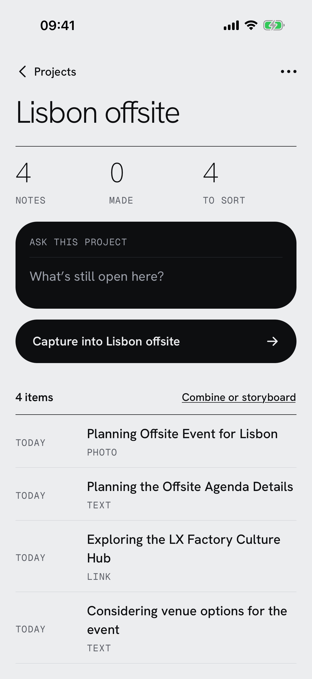 Lisbon offsite project containing notes and a question box for that project