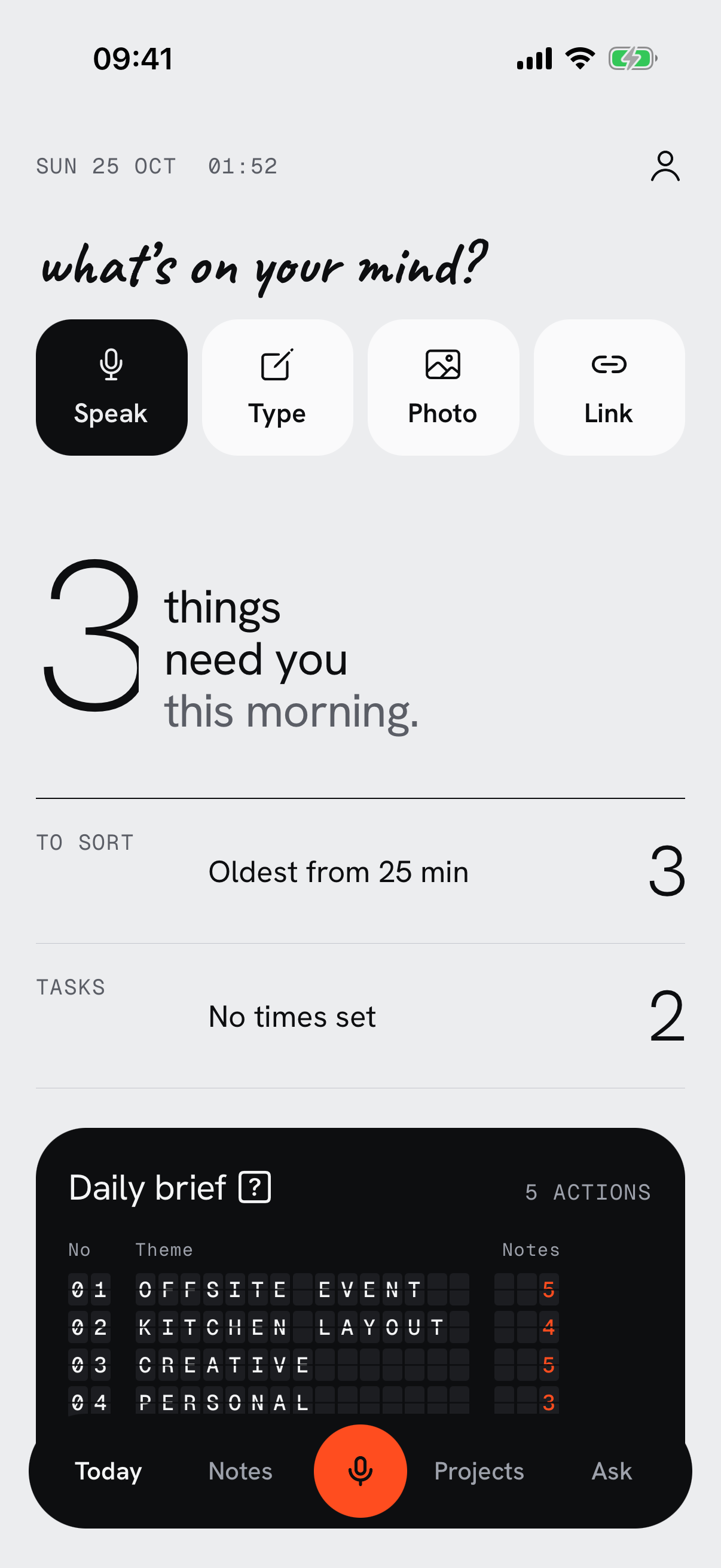 InsightApp Today: quick capture, tasks to sort and a daily brief